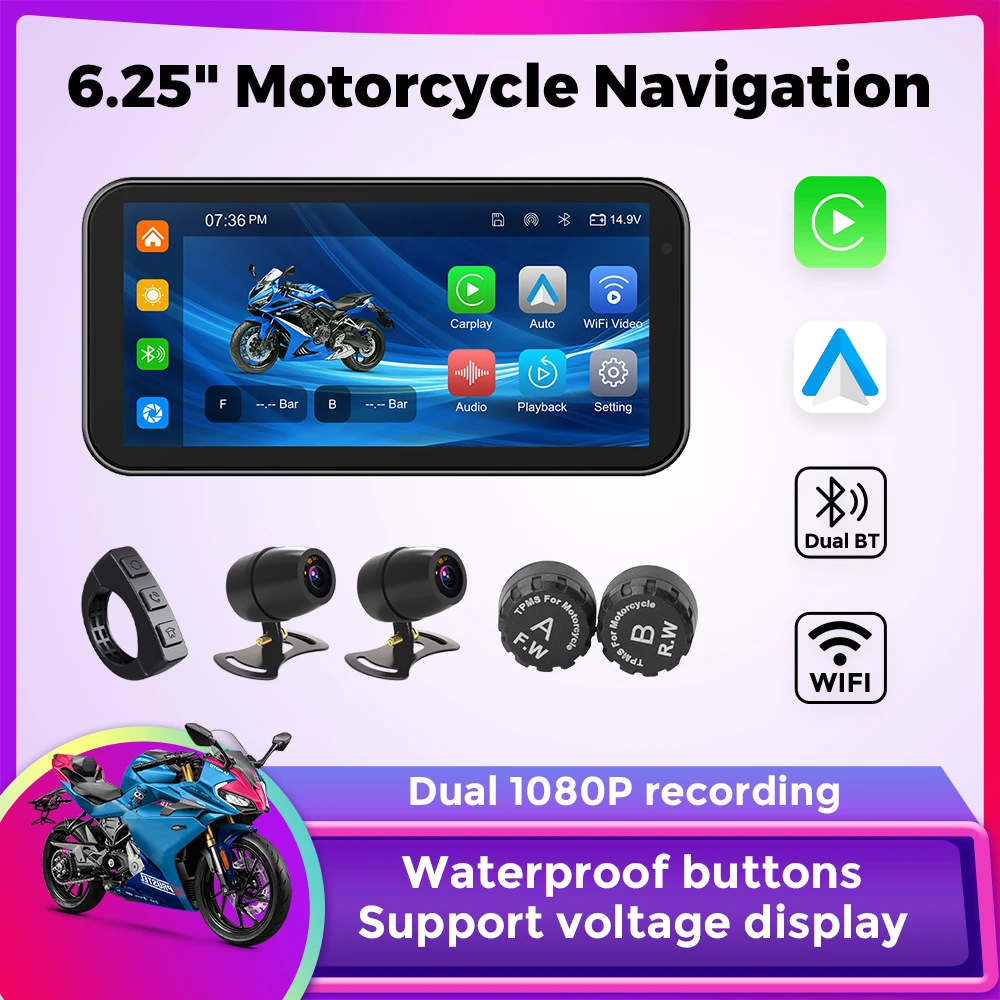 

6.25 inch Waterproof Motorcycle Navigation GPS Wireless Carplay Android Auto DVR Driving Video Recorder Moto Monitor WIFI