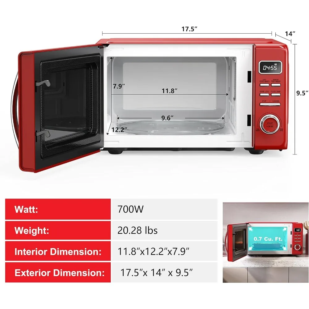 Fornos de microondas com mesa giratória de vidro, Auto Cook e Reheat, Descongelar e Easy Clean, 0,7 Cu Ft