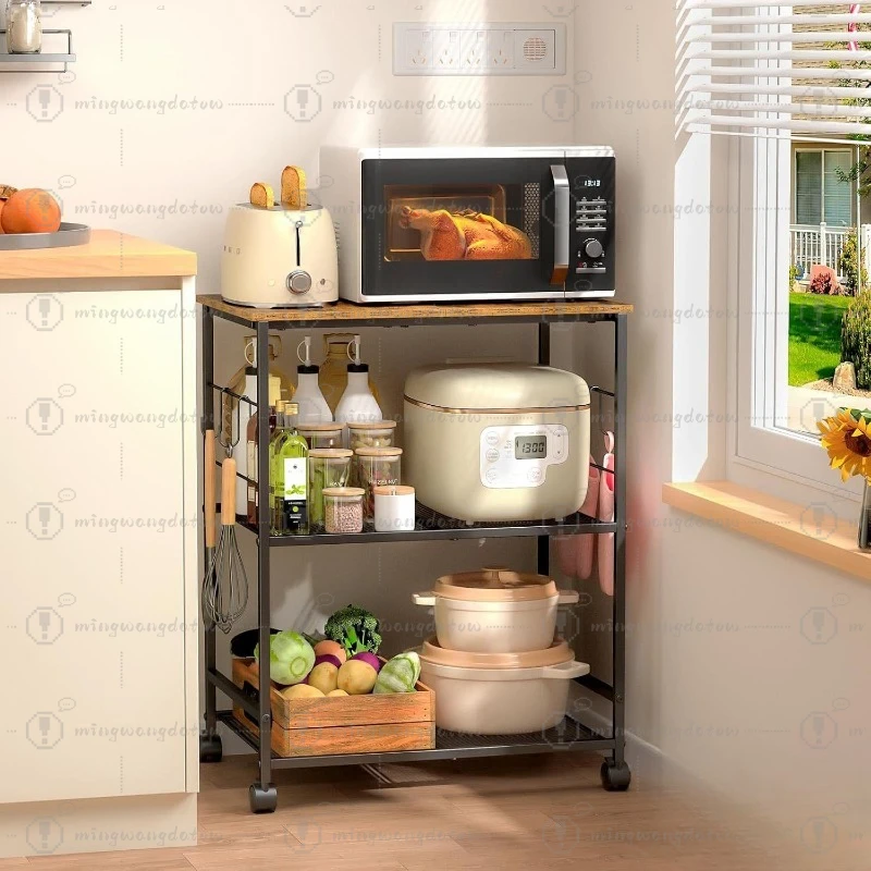 Multifunctional Rolling Kitchen Cart with Wheels, Carbon Steel Mobile Storage Rack for Microwave and Oven Organizer