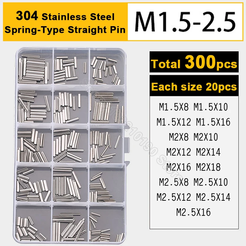 

300pcs M1.5 M2 M2.5 Spring-Type Straight Pins Set 304 Stainless Steel Spring Elastic Cylindrical Cotter Pin Dowel Assortment Kit