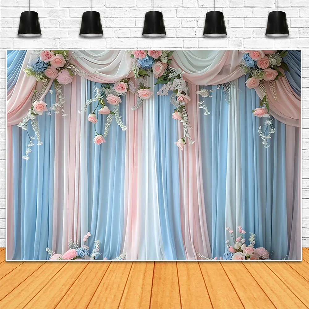 Mocsicka Backdrops for Photography Blue and Pink Curtains Flower Wedding Photo Backgrounds Newborn Photoshoot Props Photo Studio