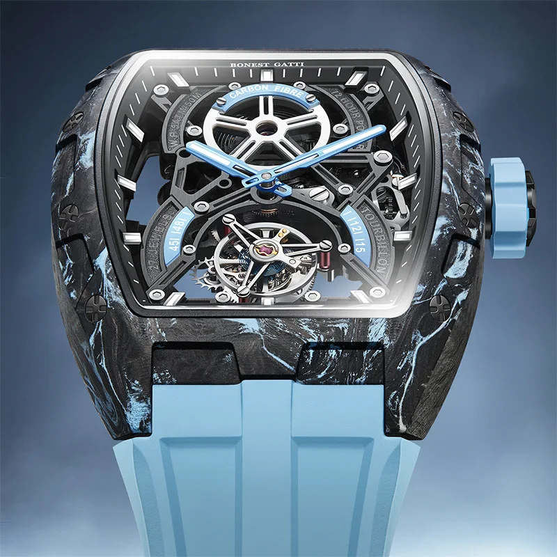 

BONEST GATTI 2025 New Men's Tourbillon Watch Skeleton Fully Automatic Watch Carbon Fiber Luminous Case Tonneau-Shaped BG7003