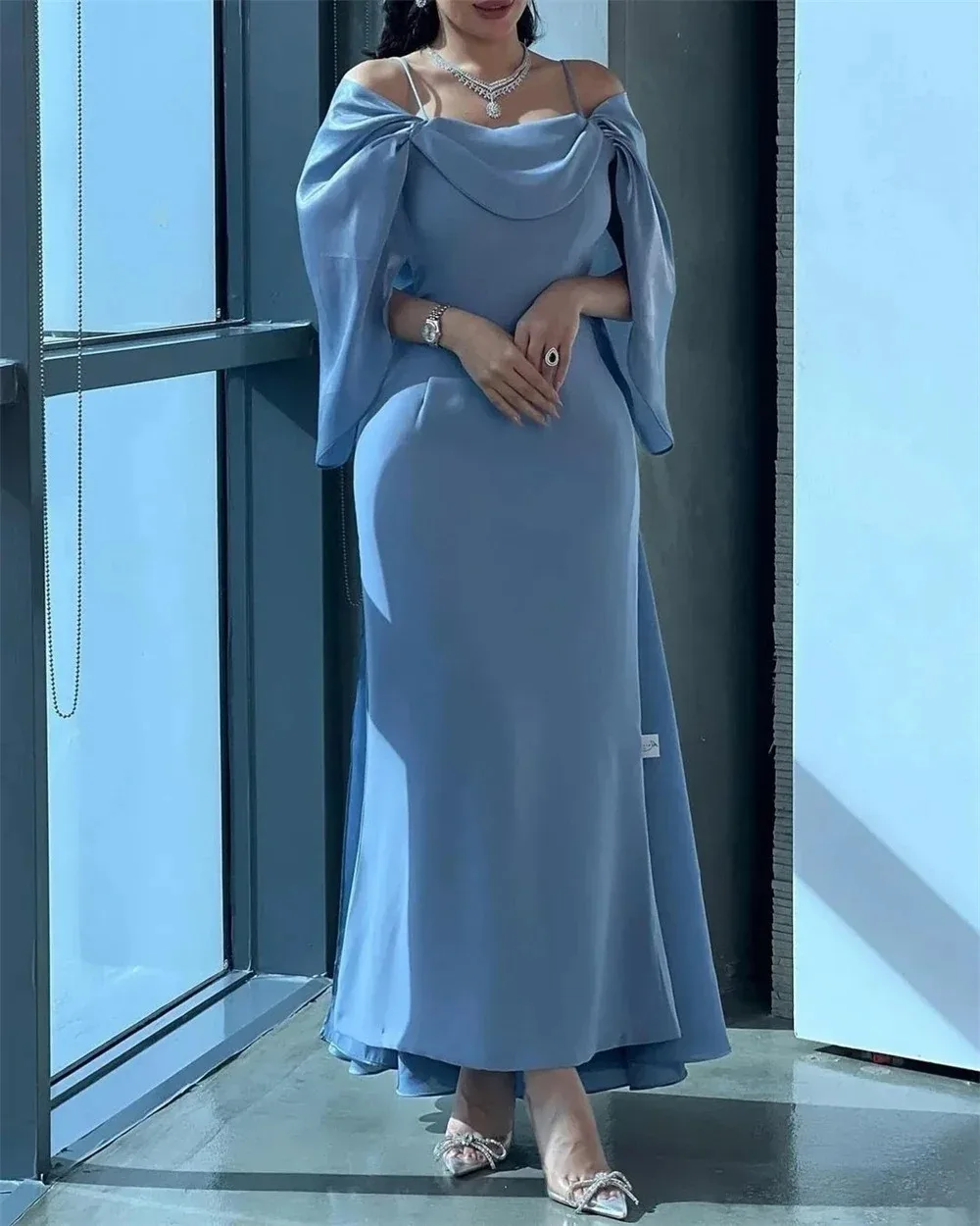 Sky Blue Luxury Evening Dress 2025 Off-Shoulder Waterfall Sleeve Mermaid Formal Gown Party Prom Dress Customized