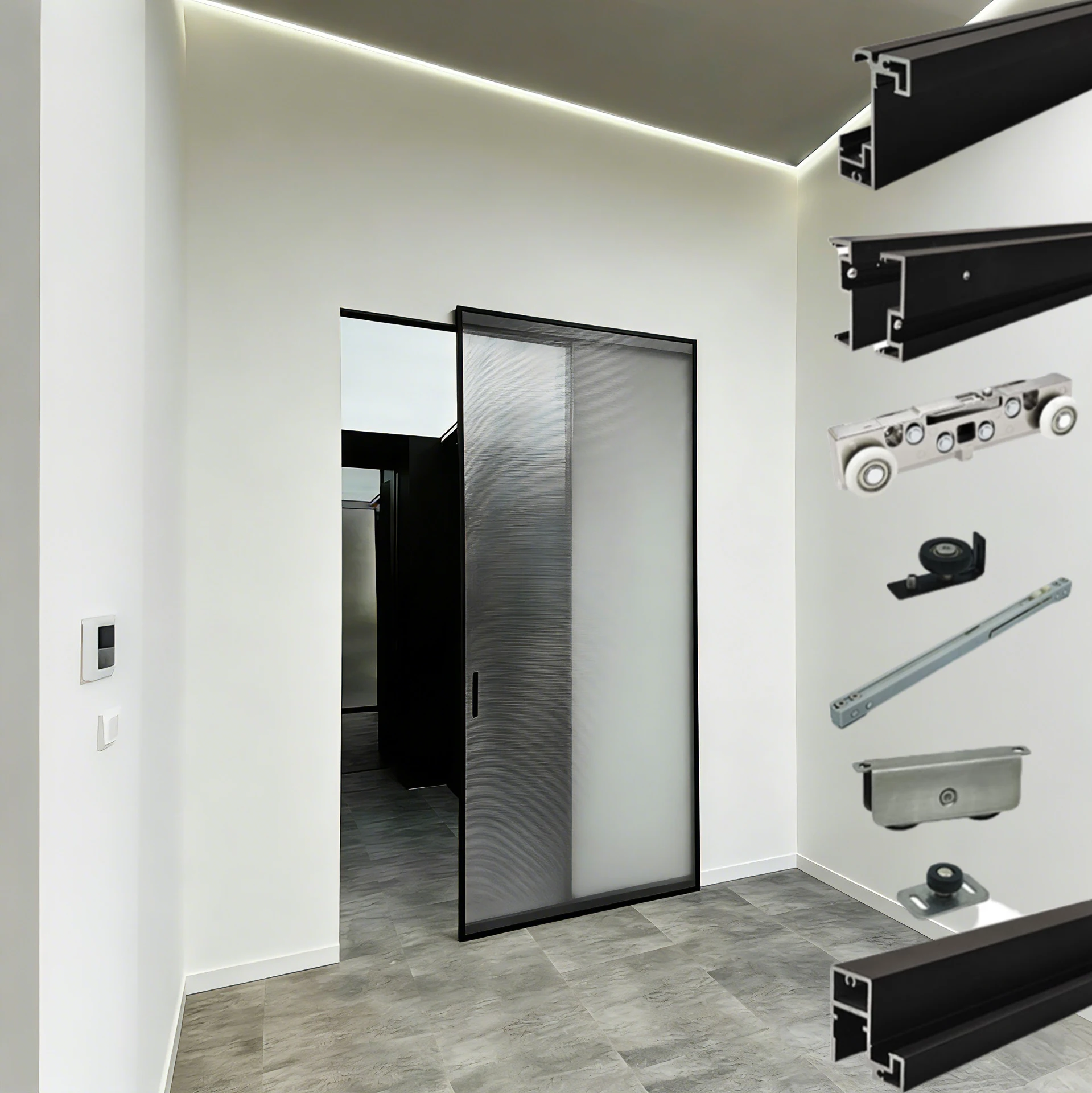 Trackless Magic Sliding Glass Door System Soft Closing Black Aluminum Frame Invisible Ghost Sliding Door Accessories Kits