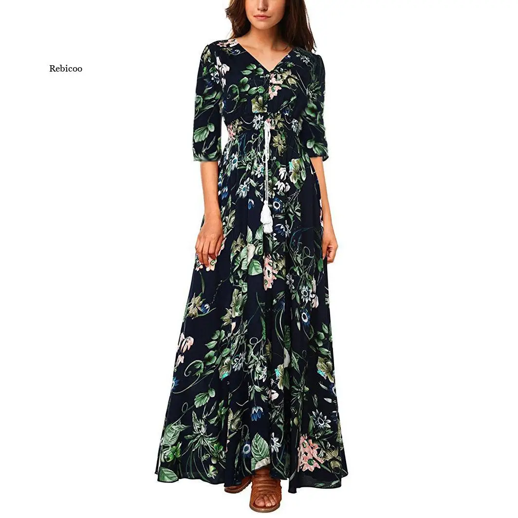 Robe longue à fleurs style Boho, imprimé Floral, Maxi, tunique, Slim, robe de plage, ample, col en V, manches courtes, taille haute, été, 2022