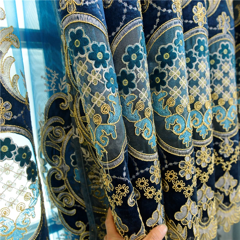 Luxury High Quality Thickened Navy Blue Living Room Curtains Golden Thread Embroidery Bedroom Study Door Valance Curtains