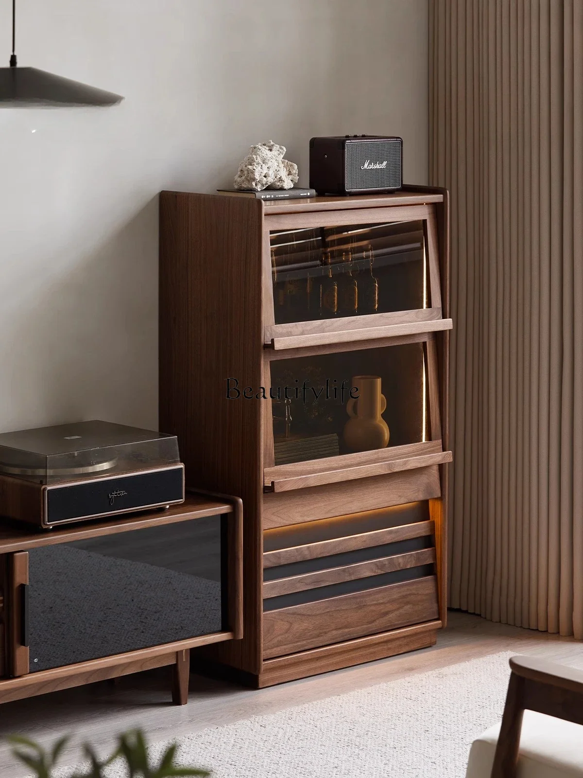 

01Solid wood chest of drawers Nordic black walnut living room bedroom retro chest of drawers