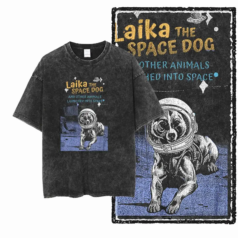 2025 الصيف الأسود الرجال الشارع الشهير 100% القطن الخالص الكلب لايكا مطبوعة غسلها تي شيرت الرسم حجم كبير كول خمر س الرقبة الرجال #1