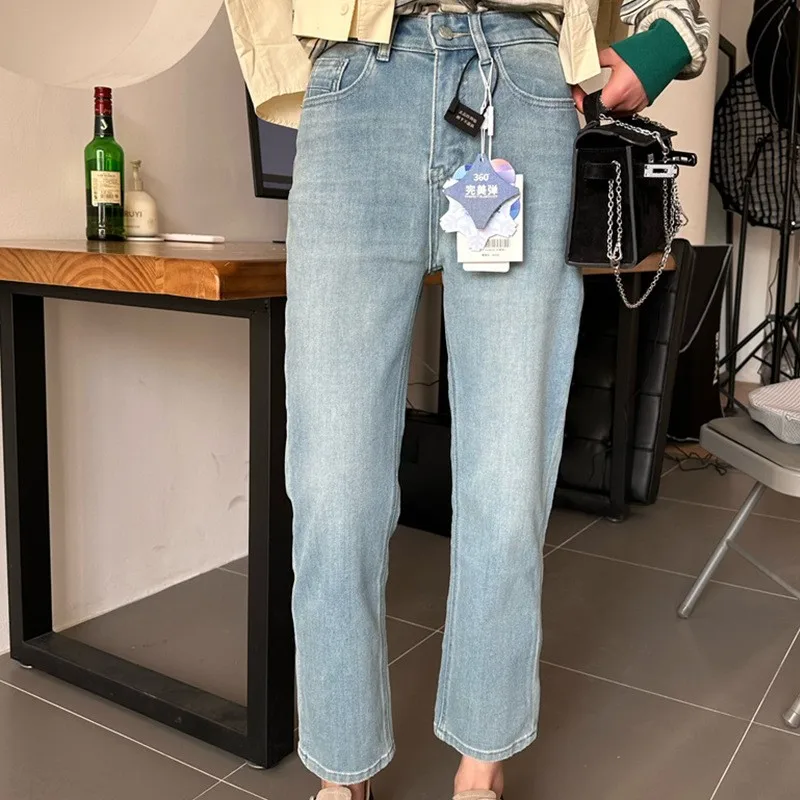 Lightweight Washed Finish Jeans with High Waist Cropped Length High Stretch Baguette Fit Japanese Korean Casual Women Jeans