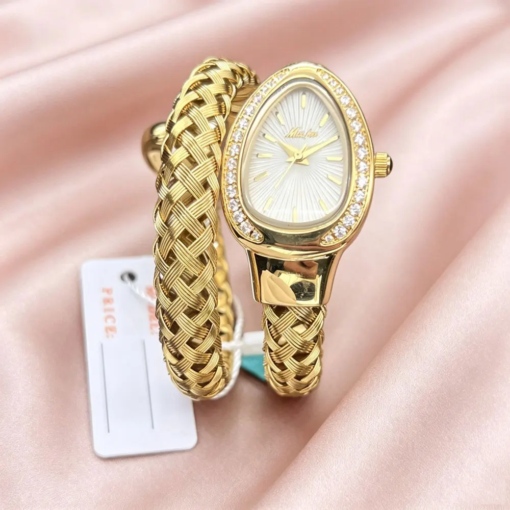 Women Gold Snake Wrap Bracelet Watch Luxury Diamond Inlaid Quartz Wristwatch Vintage Braided Bangle Watches Ladies Daily Jewelry
