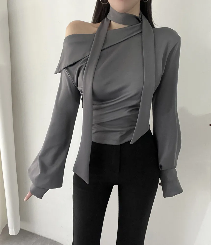 Neploe Korean Elegant Temperament Satin Shirt Femme 2024 Early Autumn Simple Solid Color Long Sleeve Hanging Neck Slim Blouses