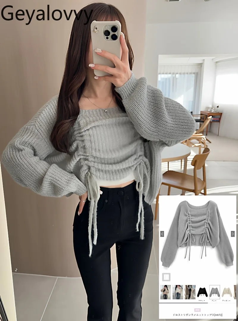 

Autumn New Japanese Sweet Girls Drawstring Outerwear Pullover Solid Color Square Neck Versatile Drop Shoulder Short Knitted Tops