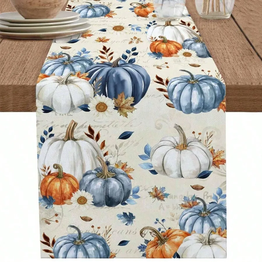 1pc Thanksgiving Harvest Linen Table Runner Rustic Blue White Pumpkin Autumn Leaves Table Decor for Dinner Table Kitchen Living