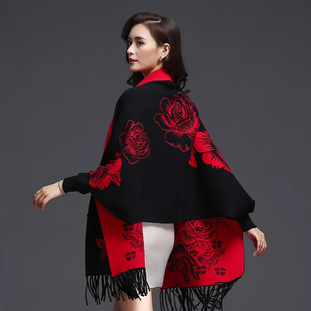 

Шарф с вышивкой из искусственного кашемира, двусторонний носимый шарф с кисточками, длинная шаль с бахромой, утепленный роскошный элегантный плащ, кардиган, накидка