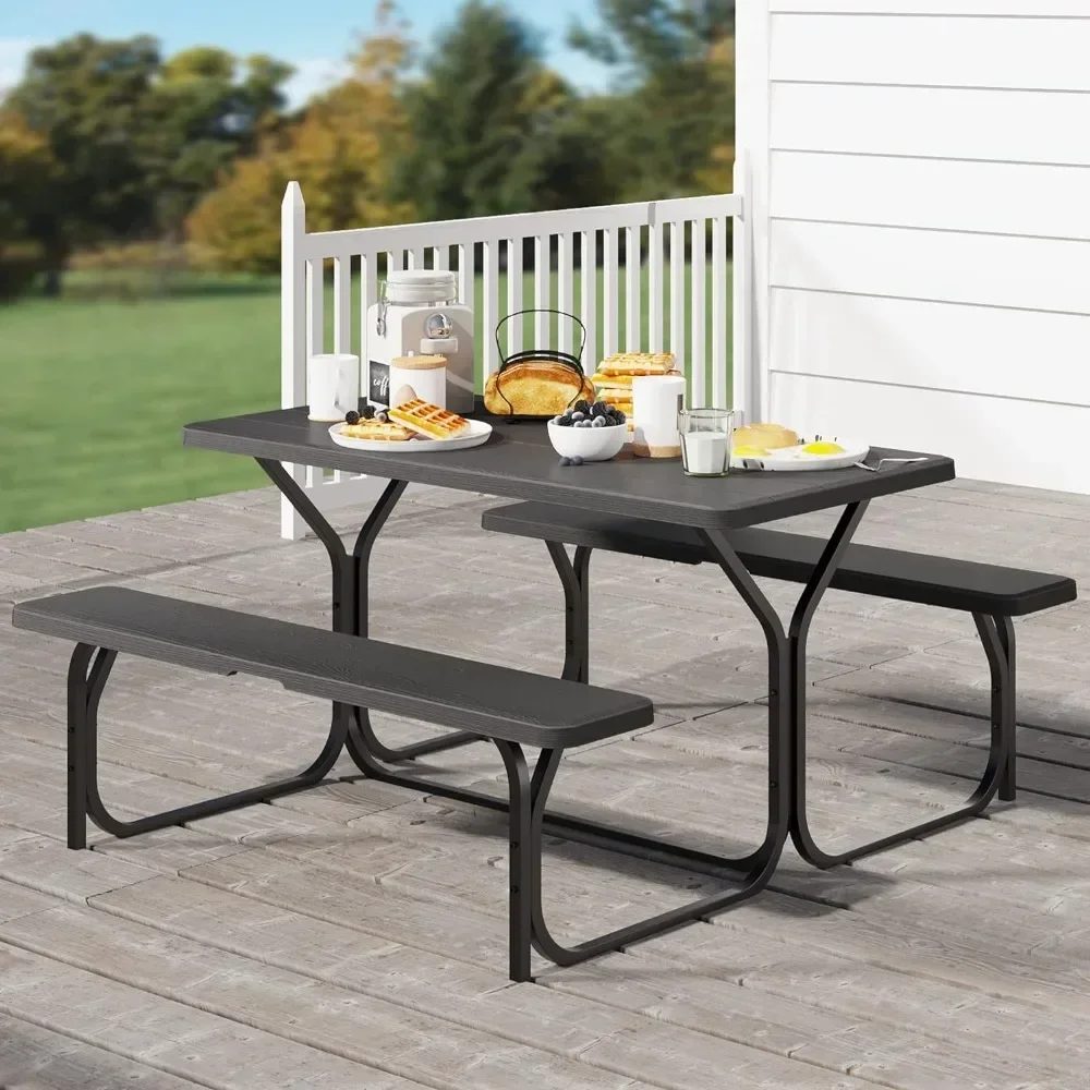 

Picnic Table 6ft Heavy Duty Outdoor Picnic Table & Bench Resin Tabletop & Stable Steel Frame w/Umbrella Hole for Yard Patio Lawn