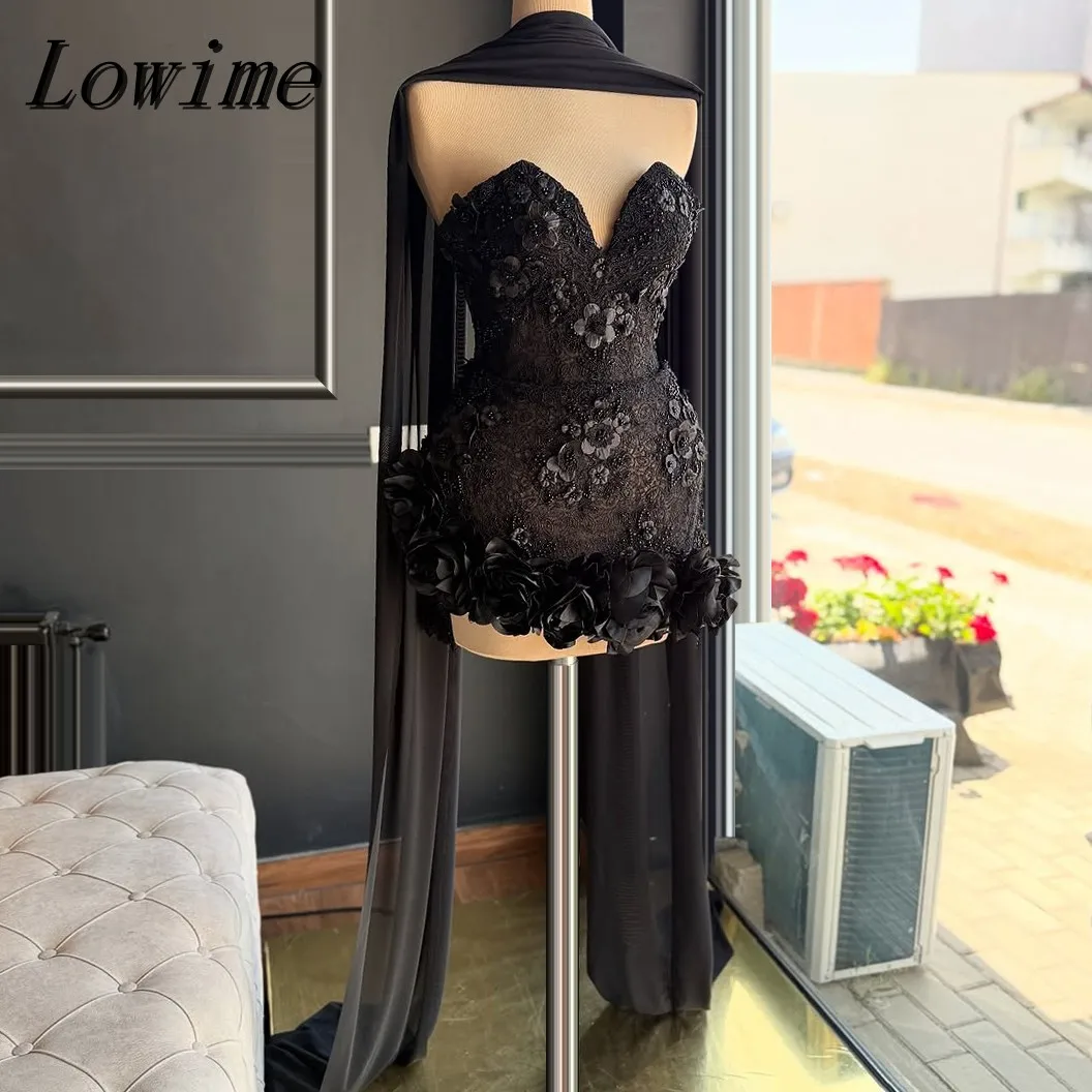 

Black Mini Skirt Evening Dress with Flower Appliqué Strapless Long Scarf for Cocktail Party Formal Occasion Short Gown