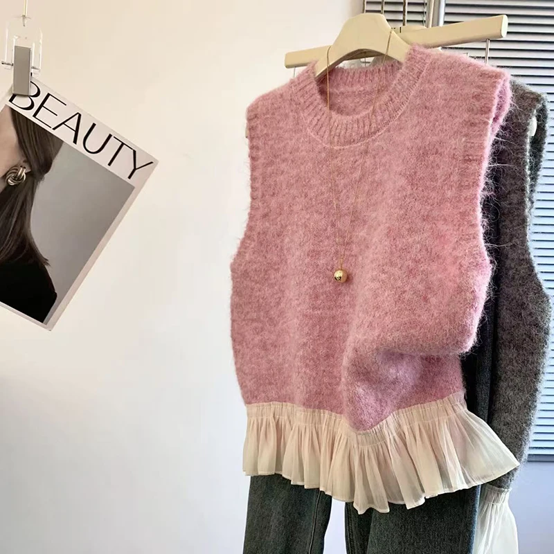 

Лоскутный вязаный жилет с рюшами, женский свитер Y2K, корейский милый женский жилет без рукавов, модный базовый универсальный пуловер