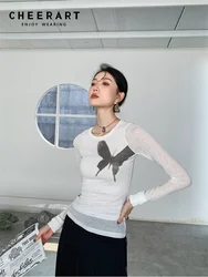 CHEERART White Butterfly Print Long Sleeve Tees Spring 2023 Knit Top Crewneck Graphic T Shirt Fashion Women Trending Clothes