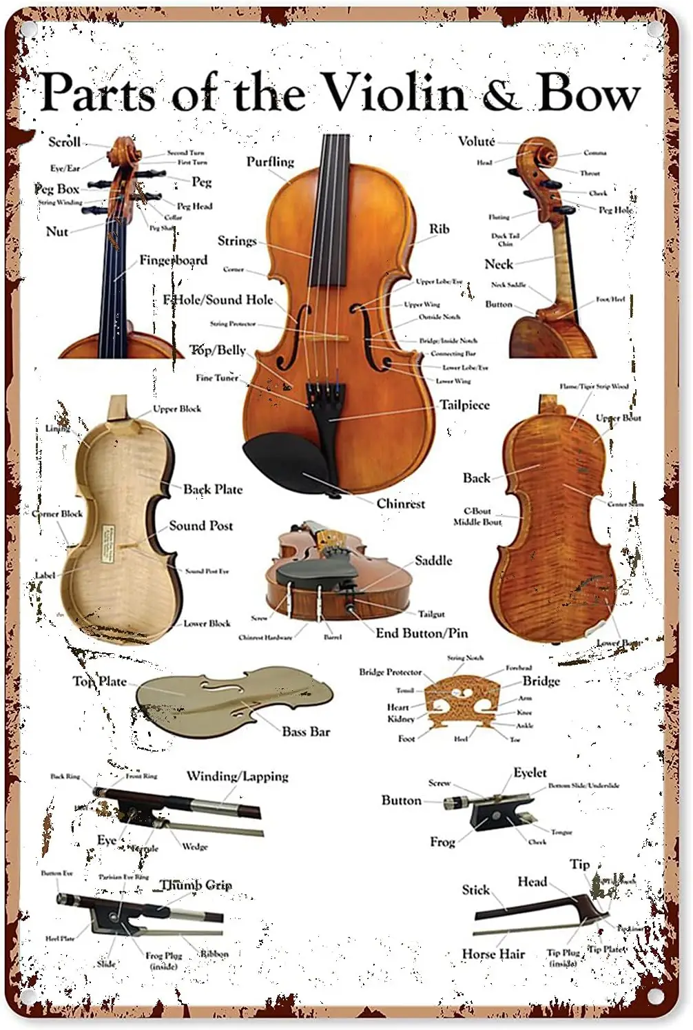 Pièces du violon ; Plaque métallique vintage avec motif d'archet, décoration pour studio de musique, affiche en étain sur le thème de la science, décoration murale pour club et bureau