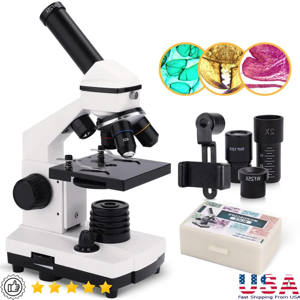 Compound Monocular Microscope 40X-2000X Kids Adults Students Biological Science Education Kit LED Light Metal Body Slides Phone