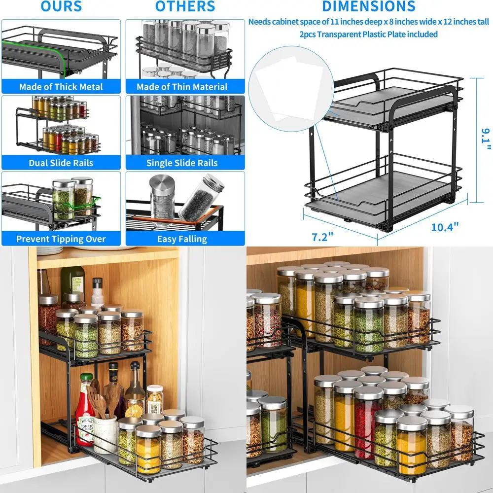 

Двухуровневый регулируемый выдвижной органайзер для специй, сверхгладкий для эффективного хранения приправ в шкафах (7,5 Вт x 10,5 д x 9,5 В)