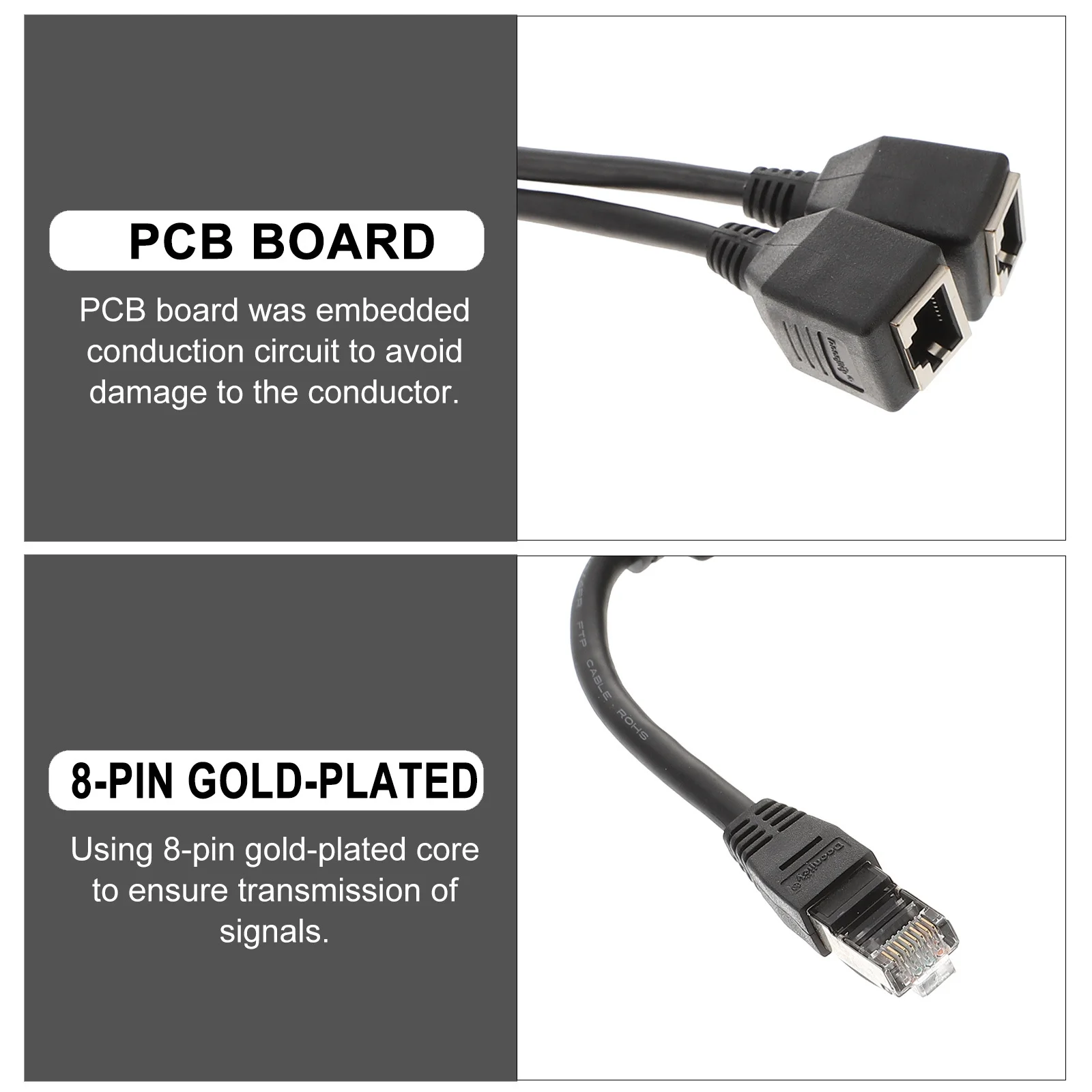 

1Pcs Network Adapter Cable with 8-Pin Gold-Plated Core Rj45 Splitter for Lan Ethernet Extension 1 Male to 2 Female Ports Black