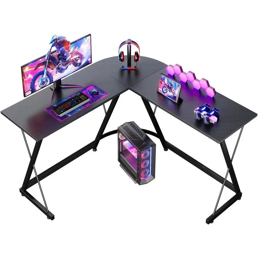 L Shaped Gaming Desk Carbon Fiber Black