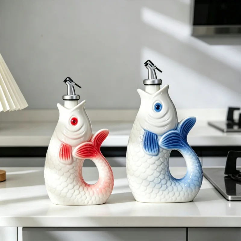 Japanese Creative Fish-shaped Ceramic Olive Oil Dispenser Household Kitchen Soy Sauce and Vinegar Bottle Decorative Ornaments