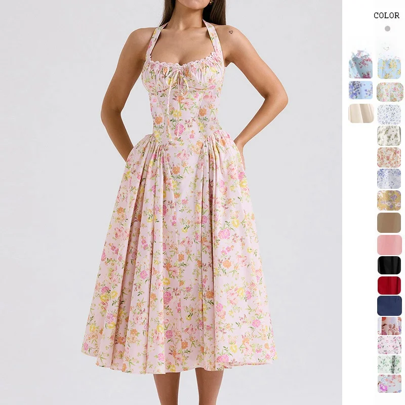 E Vestido de Encaje con Estampado Moderno, Verano, Corte Ajustado, Escote Strapl, Dobladillo Cole, Falda de una...