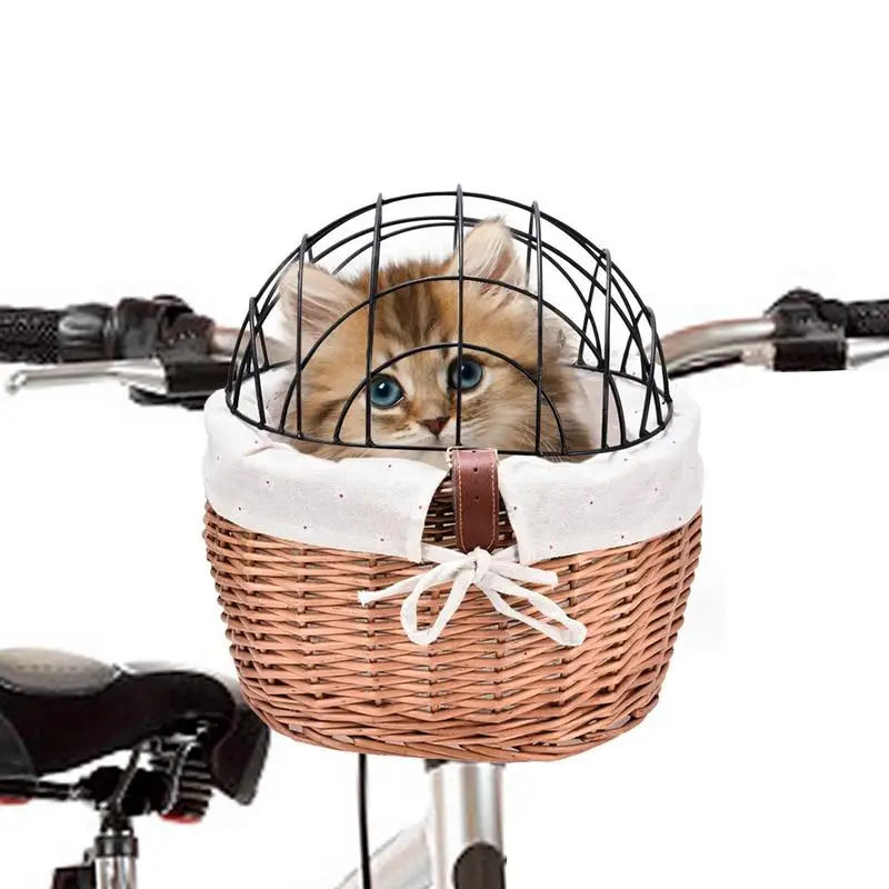 Bicycle Front Handlebar Basket Handwoven Wicker Pet Cat Dog Carrier with Cover Bike Basket Front Pannier Bag Cycling with pets