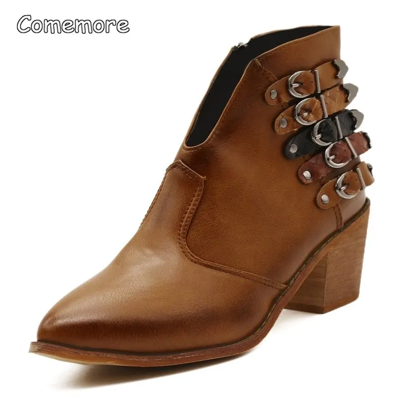 Comemore-Botas Punk de cuero para Mujer, Botines de tacón alto con hebilla, estilo vaquero occidental, otoño e invierno, 2023