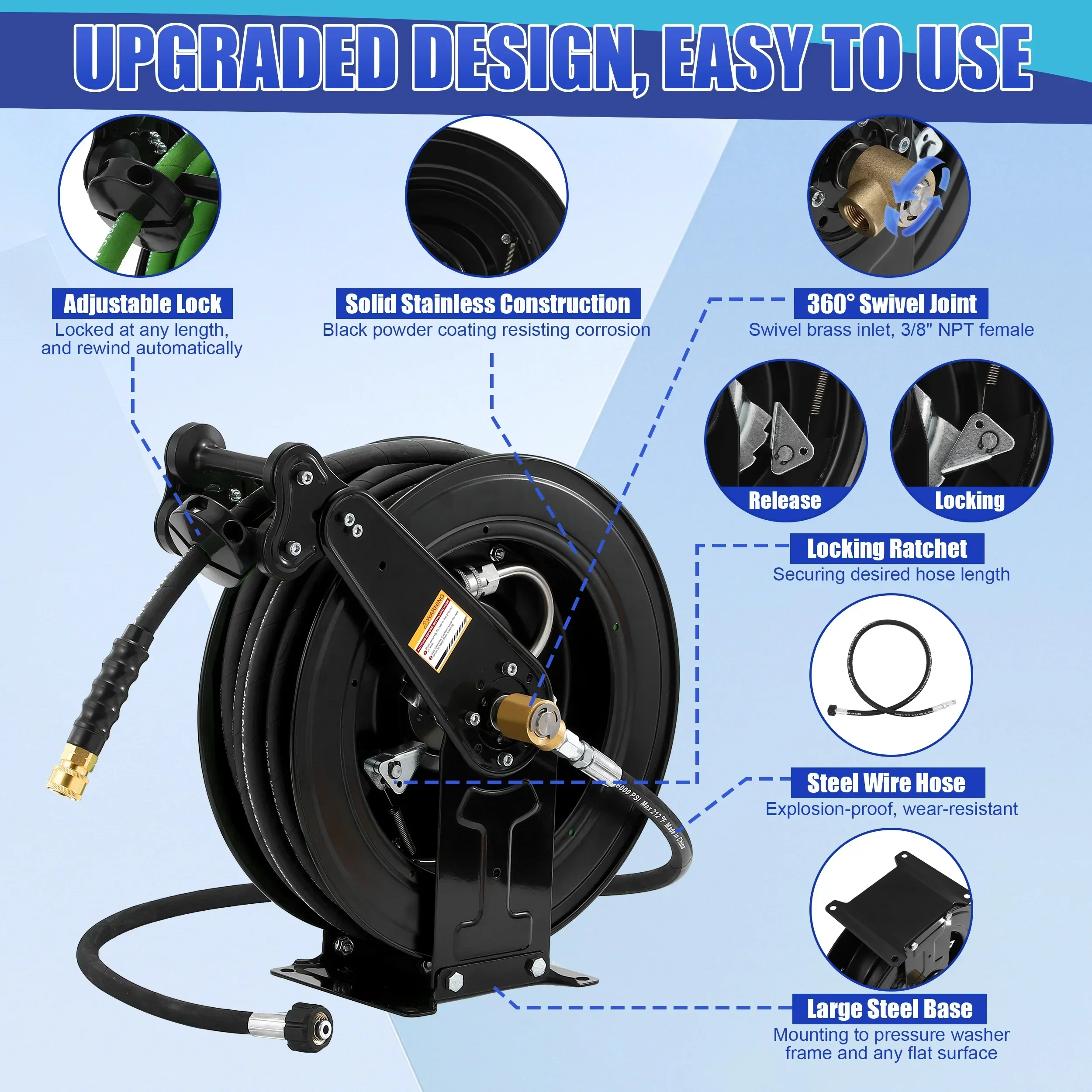 Automatic Retractable Reel Pressure Washer Hose Reel 3/8