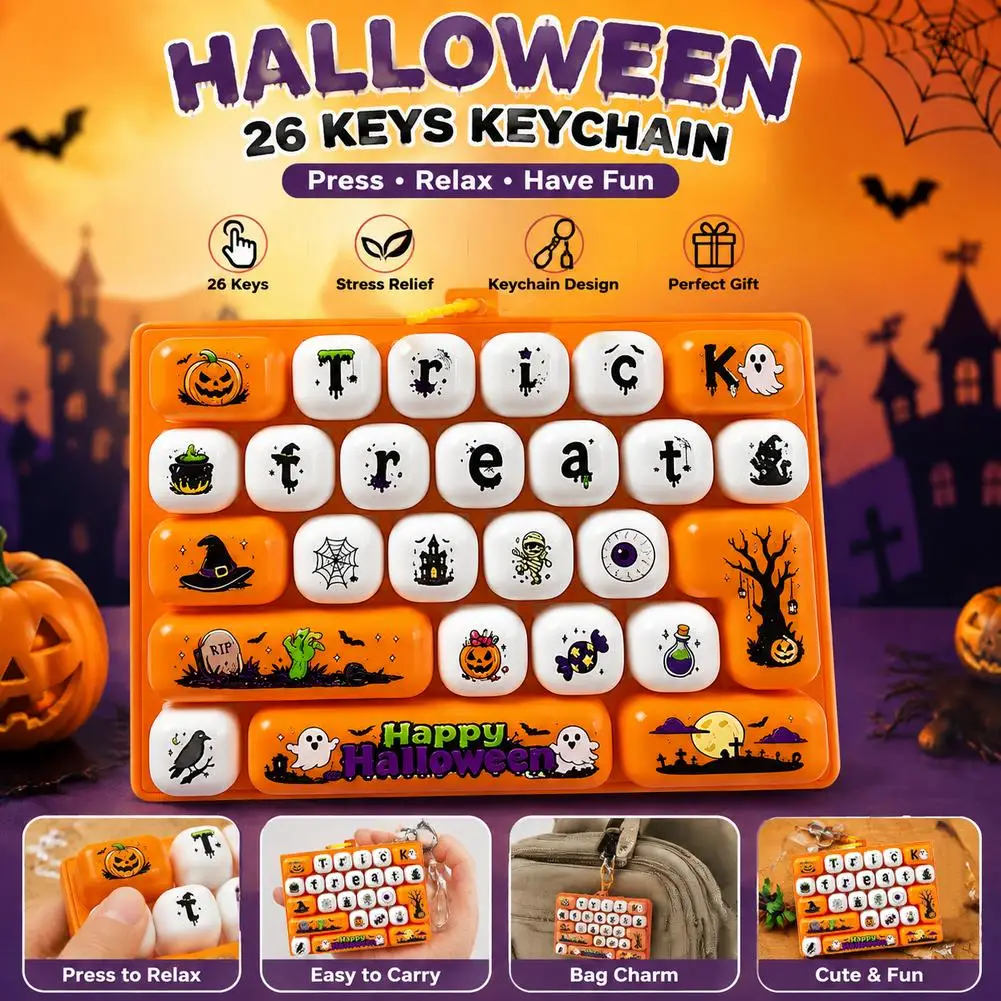 Cartoon Halloween 26 Grids Stress Relief Keyboard Keycap Keychain For Bags Backpacks Cars Teens Adults Kids Fidget Toy Gifts