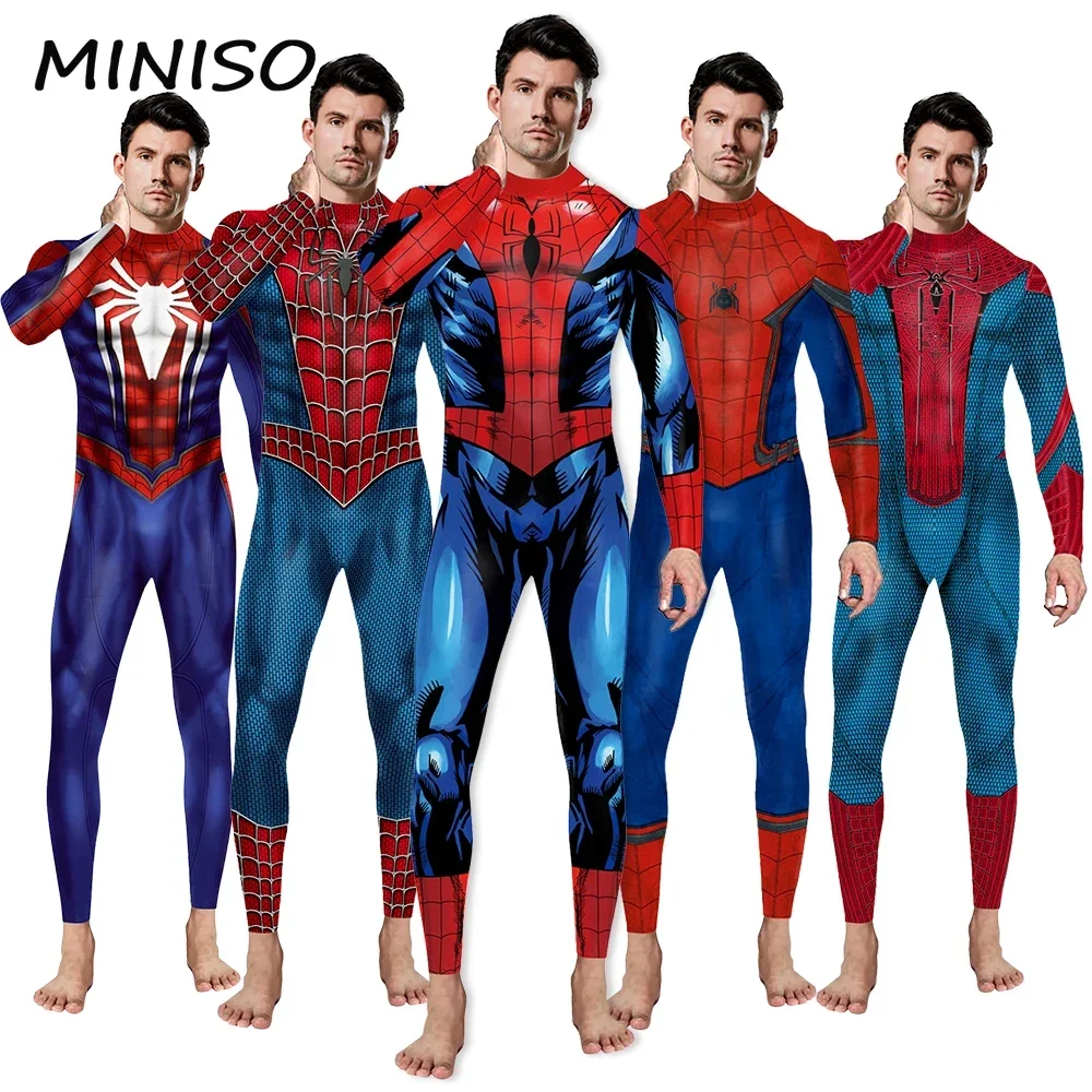 MINISO Spider Pattern Printed Man Zentai Bodysuits Back Zipper Jumpsuit Cosplay Movie Superhero Costume Halloween Stage Show