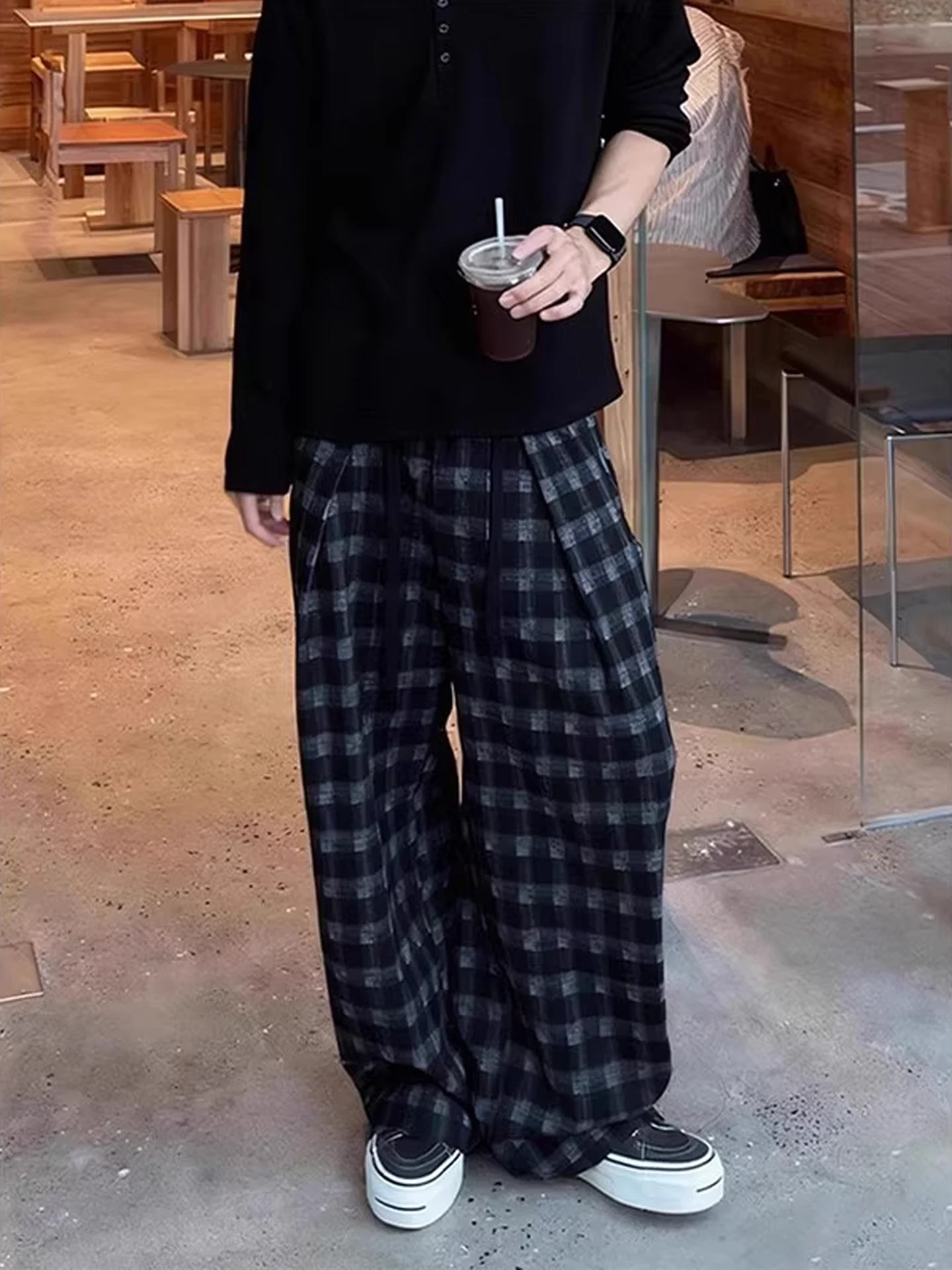 

Мужские осенне-зимние шерстяные широкие брюки в клетку, повседневные спортивные брюки, расклешенные брюки трапециевидной формы, удобные брюки свободного покроя