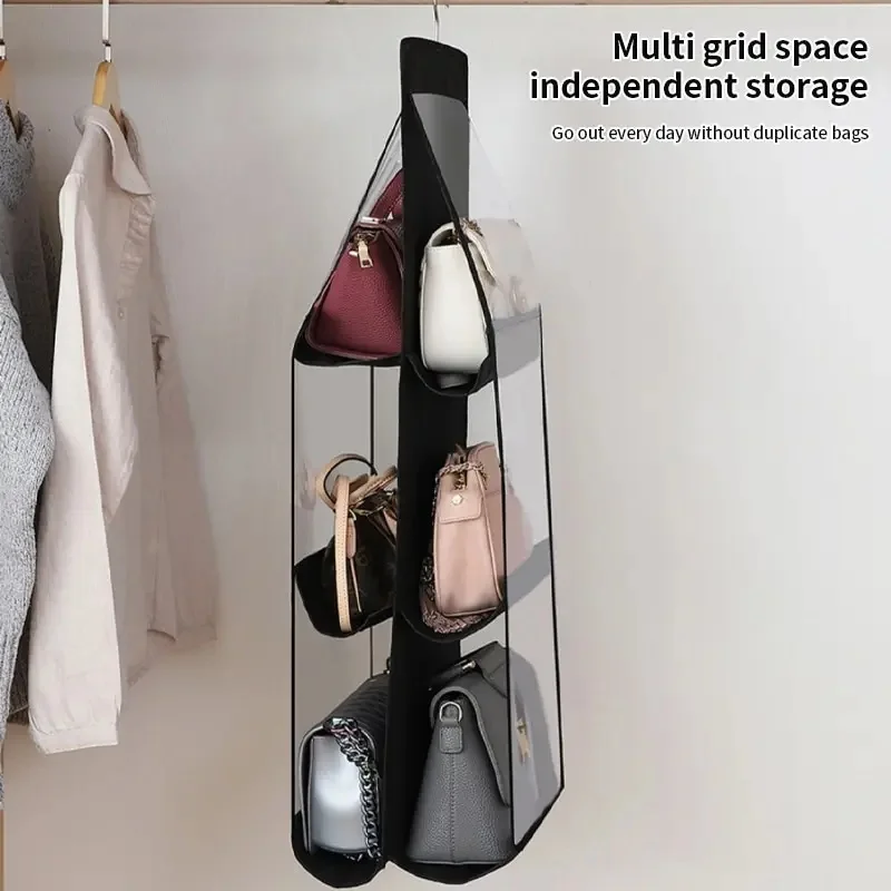 Black Handbag Hanging Organizer With 6 Pockets Foldable Oxford Cloth Handbag Cotton Linen Storage Bag Home Closet Bedroom