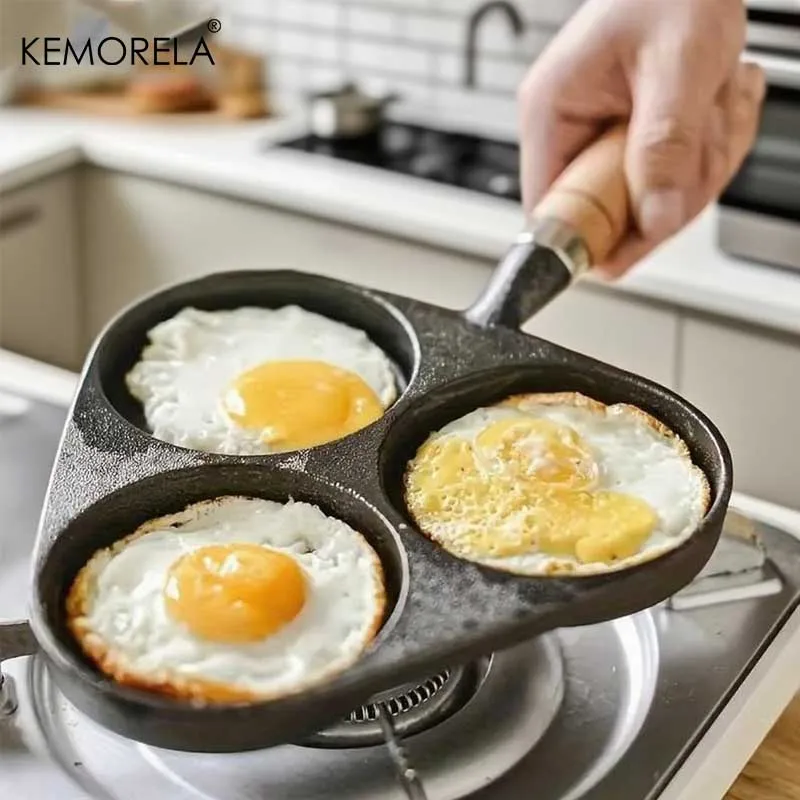 

1 шт. чугунная сковорода для омлета с тремя отверстиями, антипригарная чугунная сковорода без покрытия для гаеров и жареных яиц, универсальная газовая плита