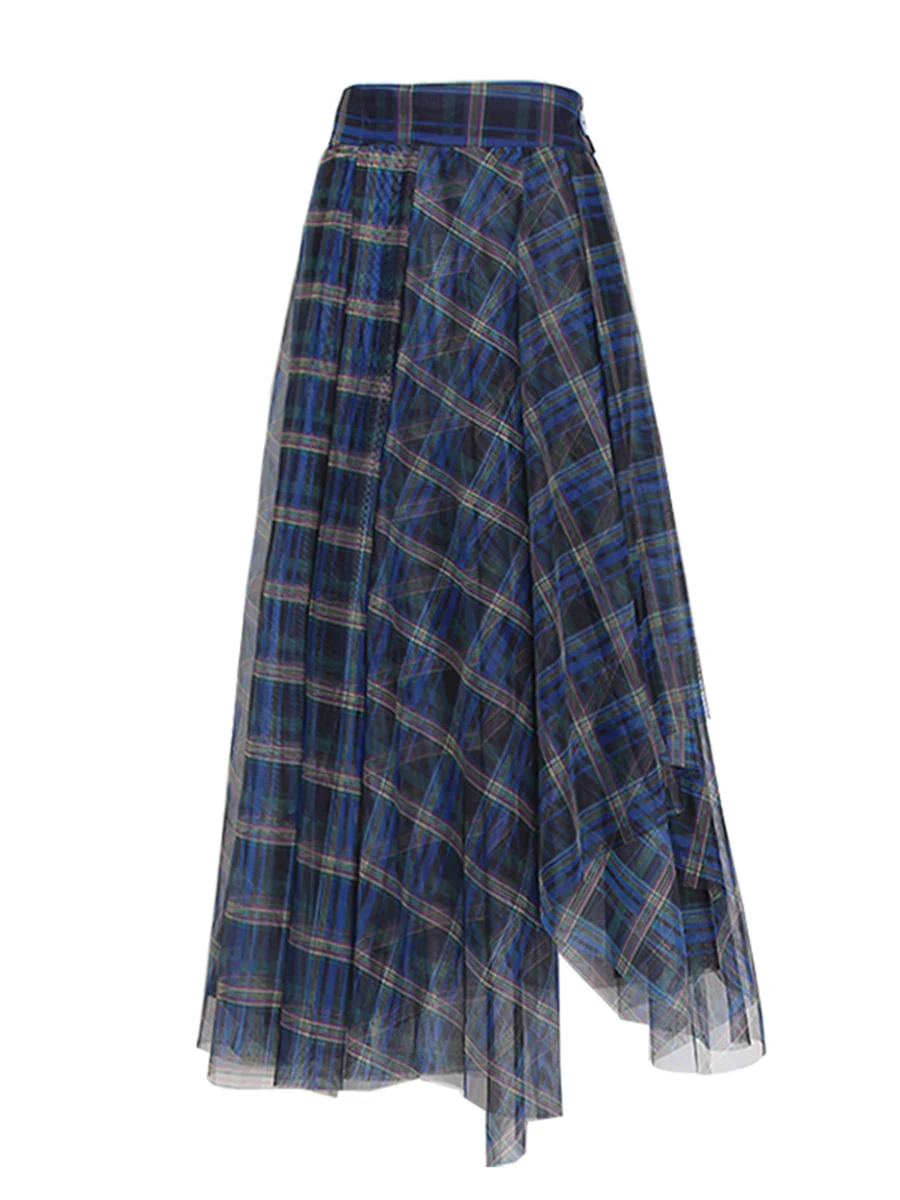 TWOTWINSTYLE Moda Blu Plaid Gonne irregolari per le donne Vita alta Patchwork Bottone Elegante Maglia Gonna lunga Abbigliamento femminile