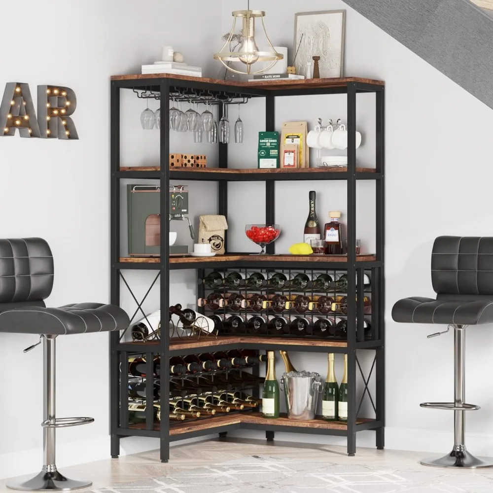 Large Corner Wine Rack,5Tier L Shaped Industrial Floor Bar Cabinets for Liquor and Glasses Storage for Home Kitchen Rustic Brown