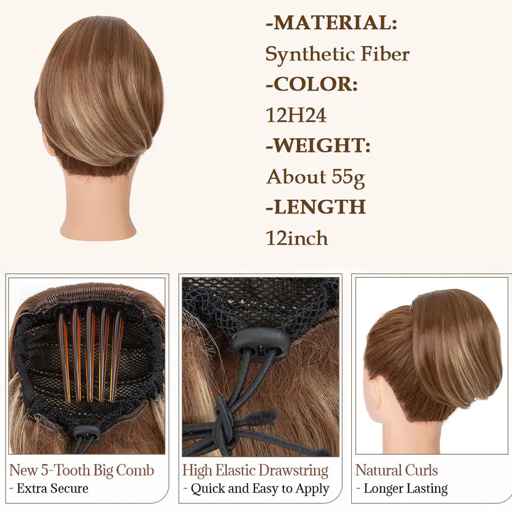 Hair Bun Hairpiece Fully Short Ponytail Chignon with Comb Clip Updo Drawstring Bun Synthetic Highlight Hair Pieces Extension