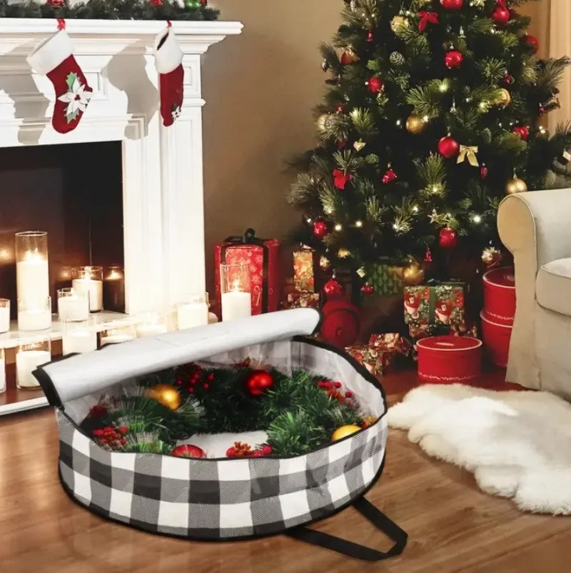 Weihnachts-Aufbewahrungstasche, Weihnachtskranz, Reißverschluss, Aufbewahrungstasche, PP-Farbdruck, filmbedeckt, kariert, runde Tasche, 2025, neuer Trend