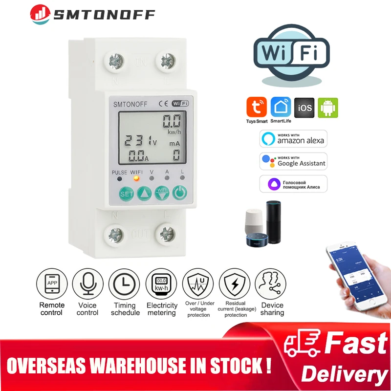 63A TUYA WiFi Smart Earth Leakage Over Under Voltage Protector Relay Device Switch Breaker Energy Power kWh Meter Smart Life