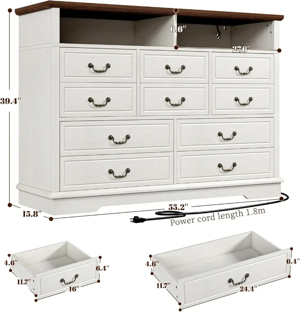 Farmhouse Dresser with LED & Power Outlet 55.2''W Wood Dresser for Bedroom White 10 Drawers Dresser Vintage Dressers & Chests