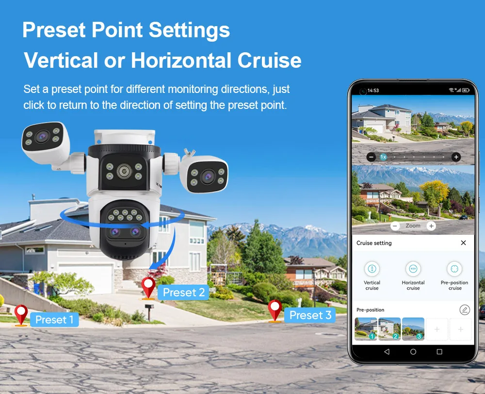 LS VISION 20MP 3-Screen 4-Lens 10X Optical Zoom WiFi Wireless Outdoor Security Camera PTZ with Auto-Tracking Surveillance Camera