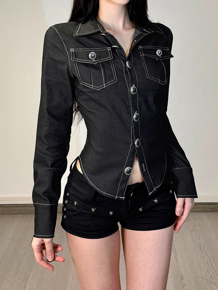 قميص نسائي قصير بأكمام طويلة لخريف وشتاء 2025 بلوزة جيارو من قماش الدنيم Y2k 2000s تصميم علوي Gyaru Harajuku مد عتيق جديد في