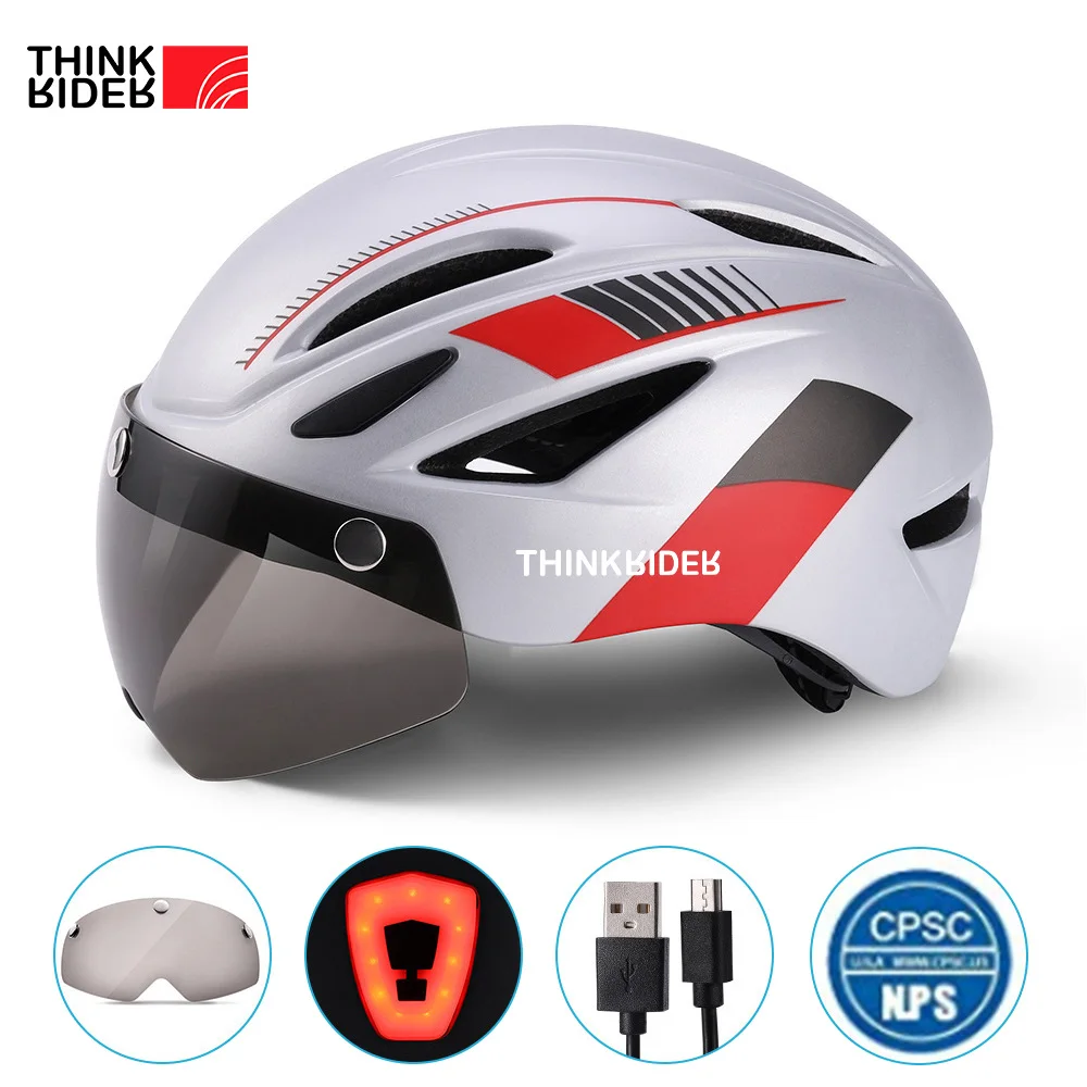 ThinkRider Cycling Safety Helmet Outdoor Motorcycle Bicycle Taillight Helmet Removable Lens Visor Mountain Road Bike Helmet