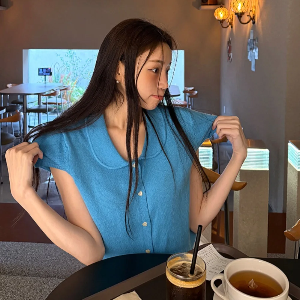 Chic Summer Soft Casual Knitwear with Fly Sve Baby Collar Single Button Women's Faionable Versatile Comfortable Top