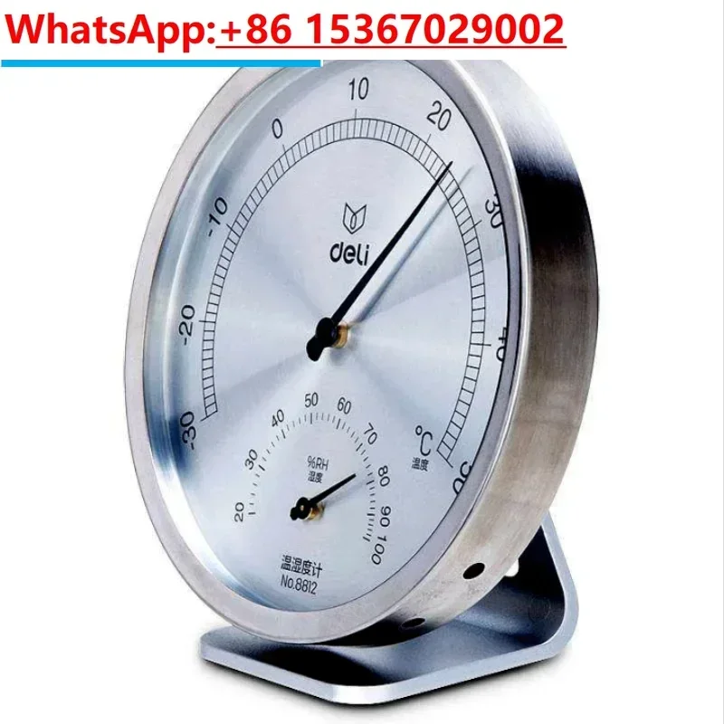 Deli 8812 Termohigrómetro mecánico de acero inoxidable Elemento de inducción mecánica sin necesidad Medidor de temperatura y humedad