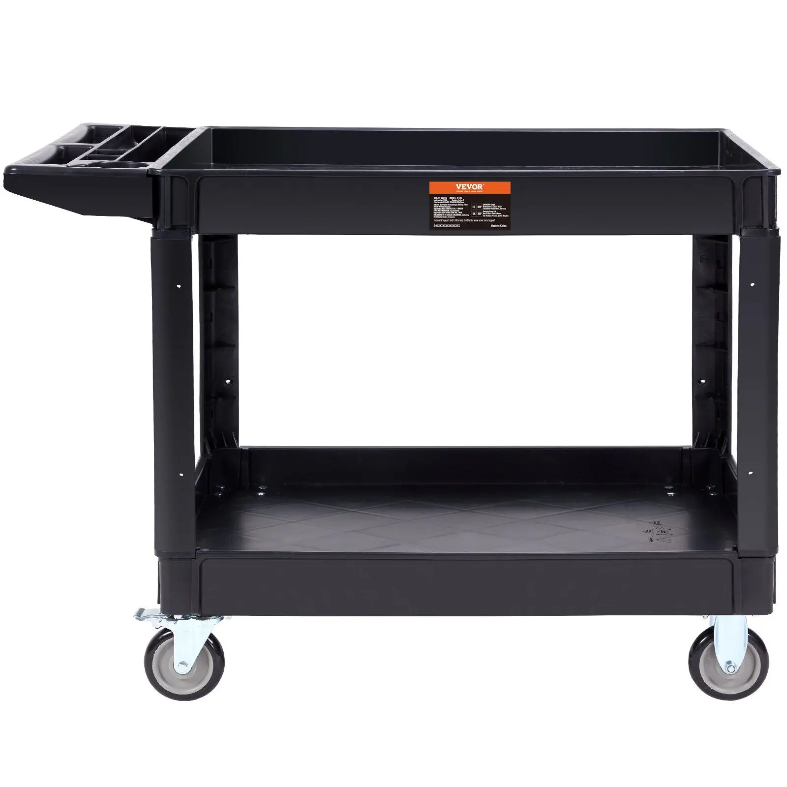 

Ergonomic Handle Utility Cart 2 Shelf 550LBS Heavy Duty Plastic 360° Swivel Wheels with Brakes Large Lipped Shelf for Warehouse