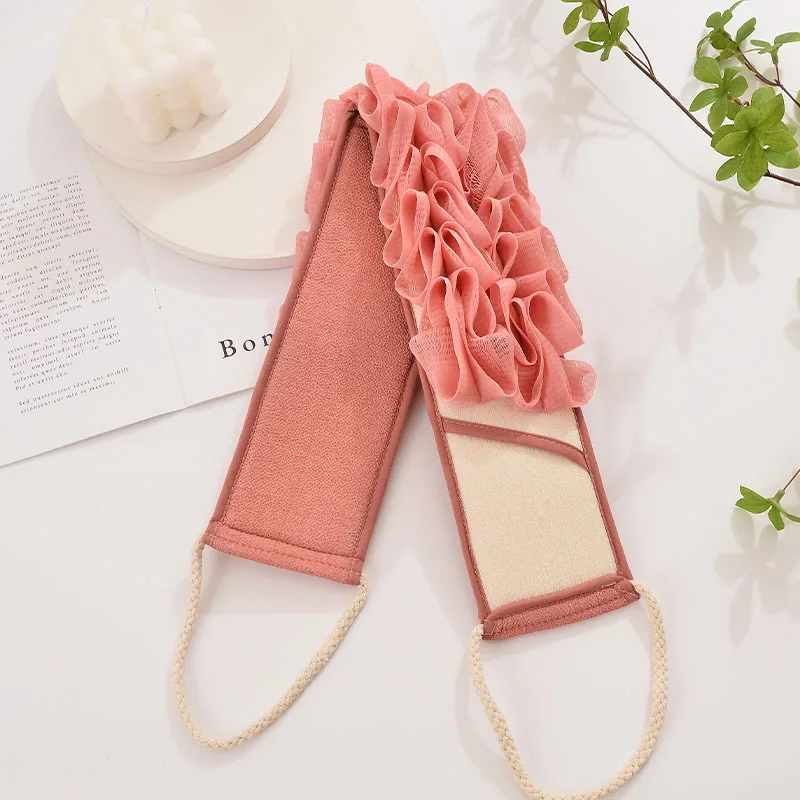 Tiras para tirar hacia atrás de flores de baño, bolas de ducha de doble cara 2 en 1, toalla de baño, exfoliante de barro, toalla de baño para frotar la espalda, tiras para frotar la espalda